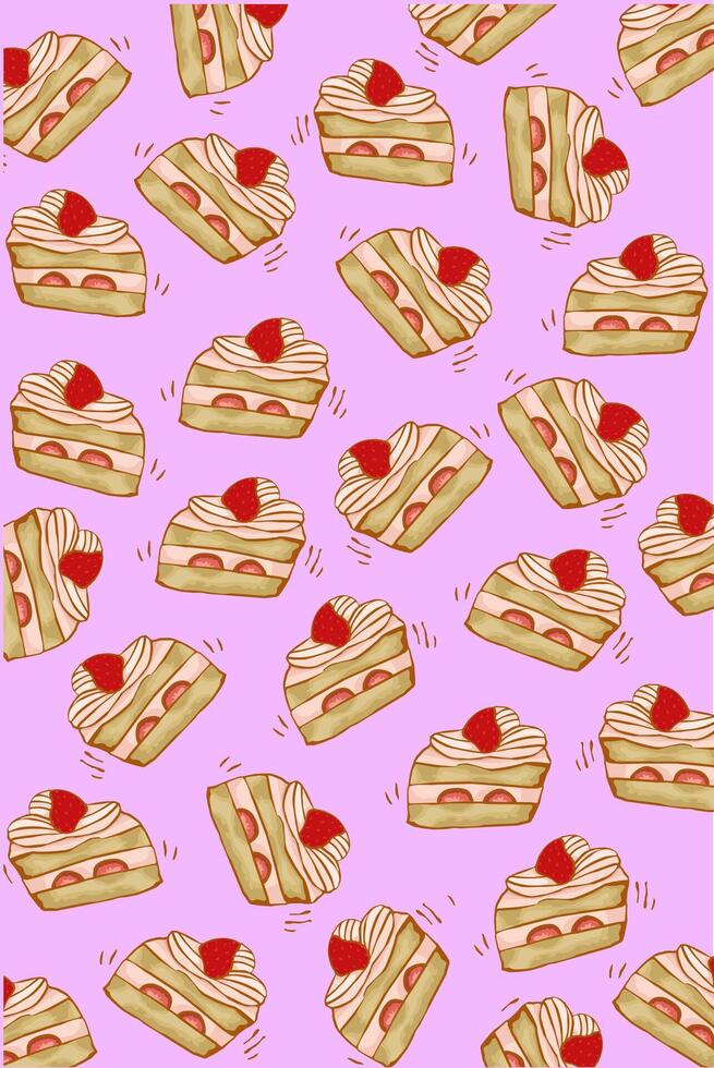 Cute doodle delicious Tart Cake with Cream and Strawberries on purple background vector