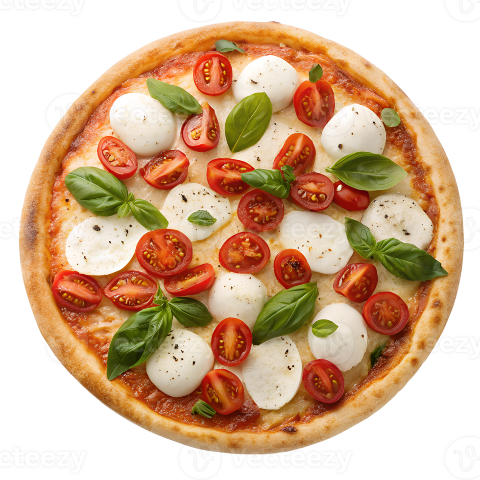 Delicious pizza caprese with fresh mozzarella, ripe tomatoes, and basil leaves, isolated on transparent background. Italian cuisine, appetizing food png