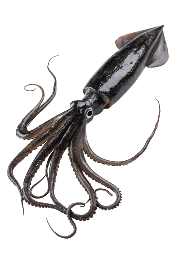 Squid isolated on transparent background, marine creature with tentacles, underwater life, ocean animal, sea wildlife, realistic illustration png