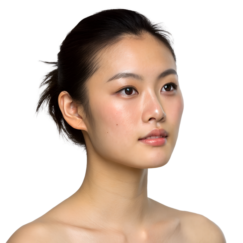 Portrait of a young asian girl with her hair pulled back, isolated on a transparent background, showcasing natural beauty and simplicity png