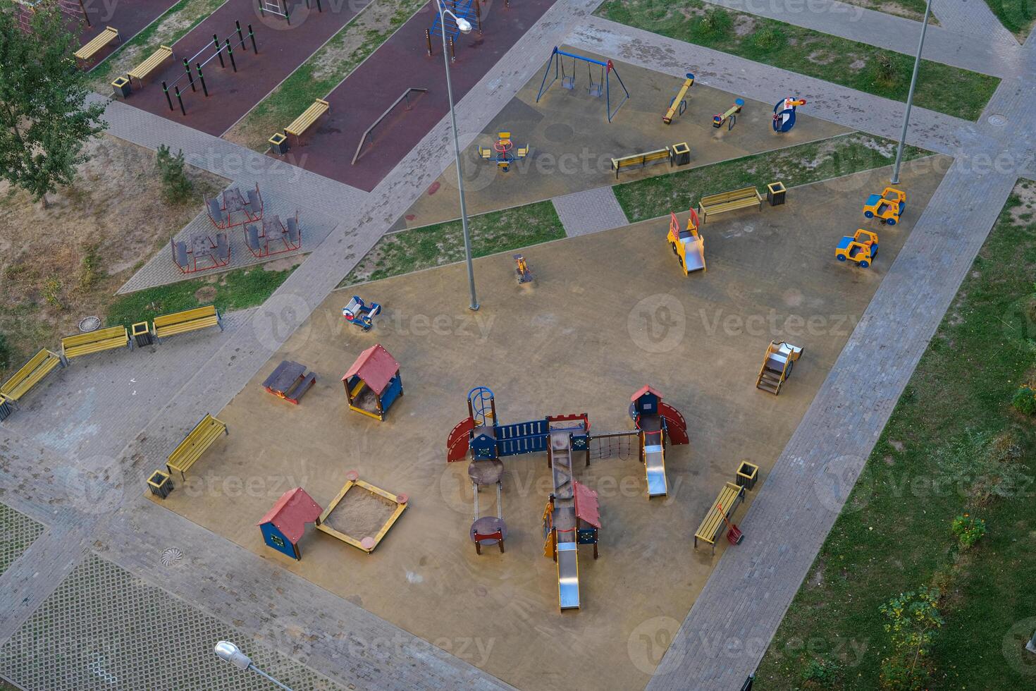 Top view of a playground in a new residential area photo
