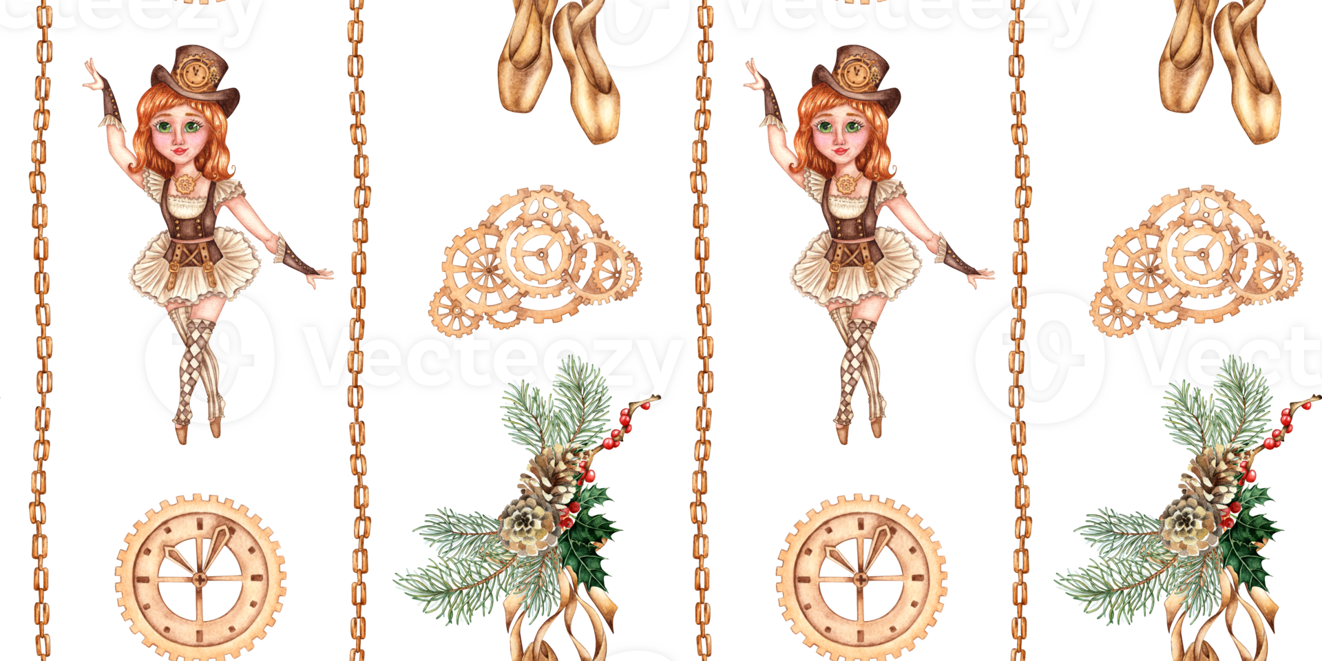 Girl ballerina in the fairy tale Nutcracker and pointe shoes, fir branches, pine cones, gears and chains watercolor illustration. Dancer steampunk style. Seamless vertical pattern isolated background. png