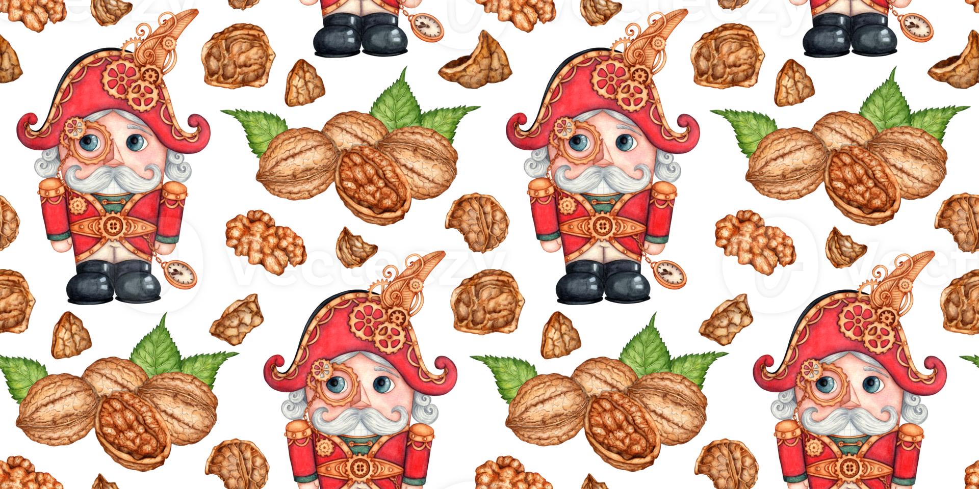 Nutcracker walnuts and shell watercolor illustration in steampunk style, toy soldier hand drawn. Christmas, New Year seamless pattern isolated from background. png