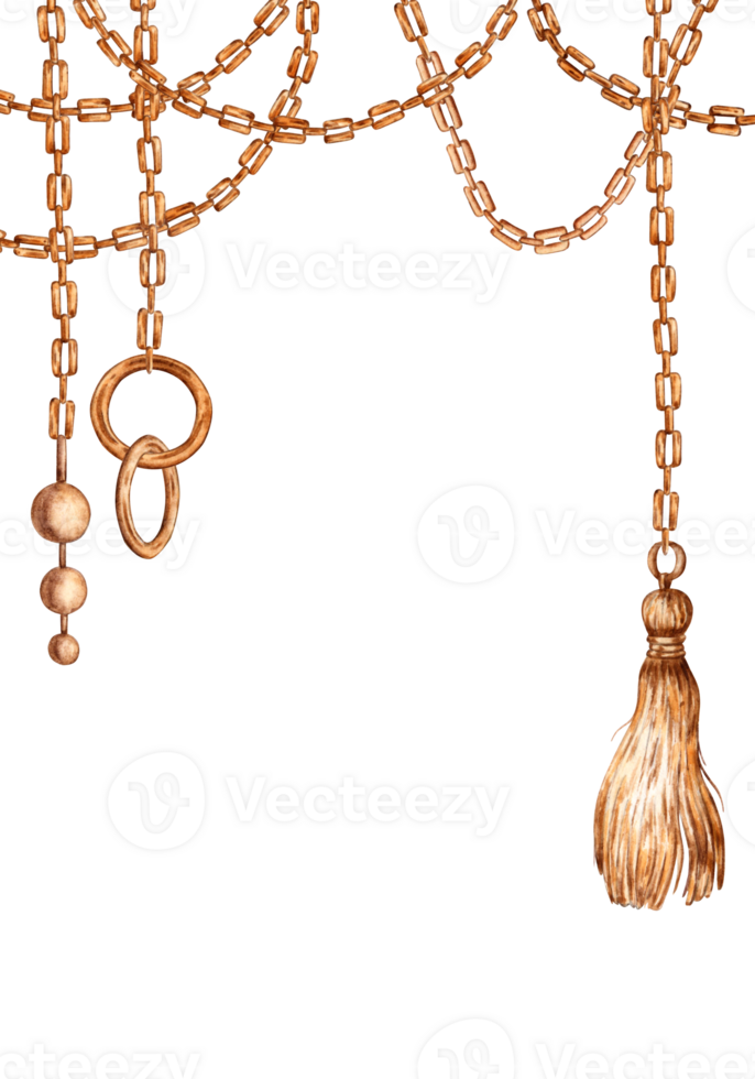 Gold chains, hanging stripes, rings, tassel watercolor illustration. New Year, Christmas vertical pattern isolated from background. Banner, frame, border. png