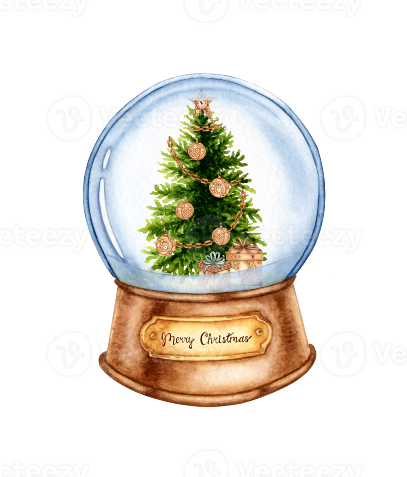 Crystal ball with glass sphere mounted on a brown wooden base with gold plaque watercolor illustration. Inside is a fir tree decorated with balloons with gifts, isolated from the background. png