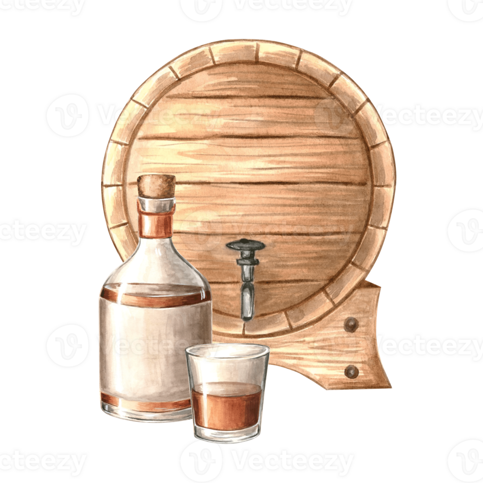 Bottle and glass with rum and wooden barrel. Wine keg, oak cask of whiskey or beer. Hand drawn watercolor illustration isolated. Composition of vessels with alcoholic beverage. Clipart for food design png