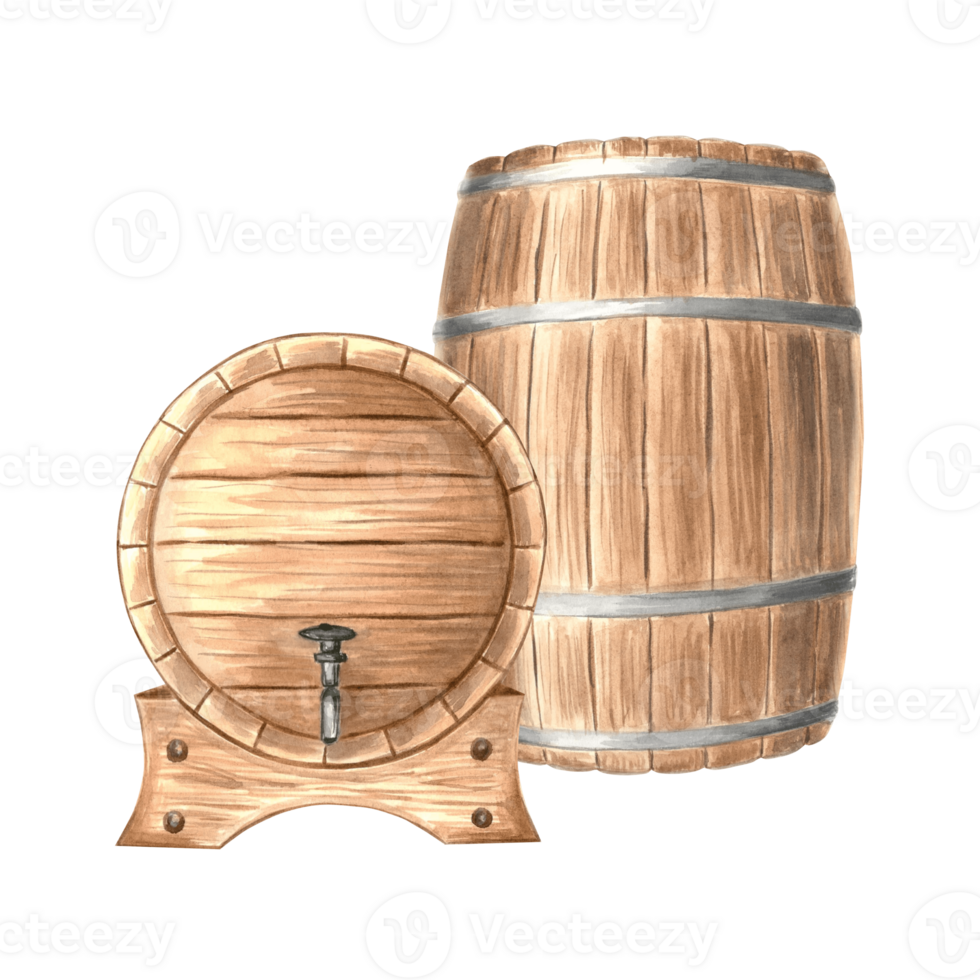 Wooden barrels, casks for rum. Keg for wine, whiskey or beer, with iron hoops. Hand drawn watercolor illustration isolated. Oak containers for alcoholic drink. Clipart for food industry design, print. png