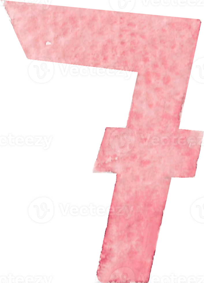 Numeric seven or number seven that is drawn and painted by hand in light red watercolor of fine art style png