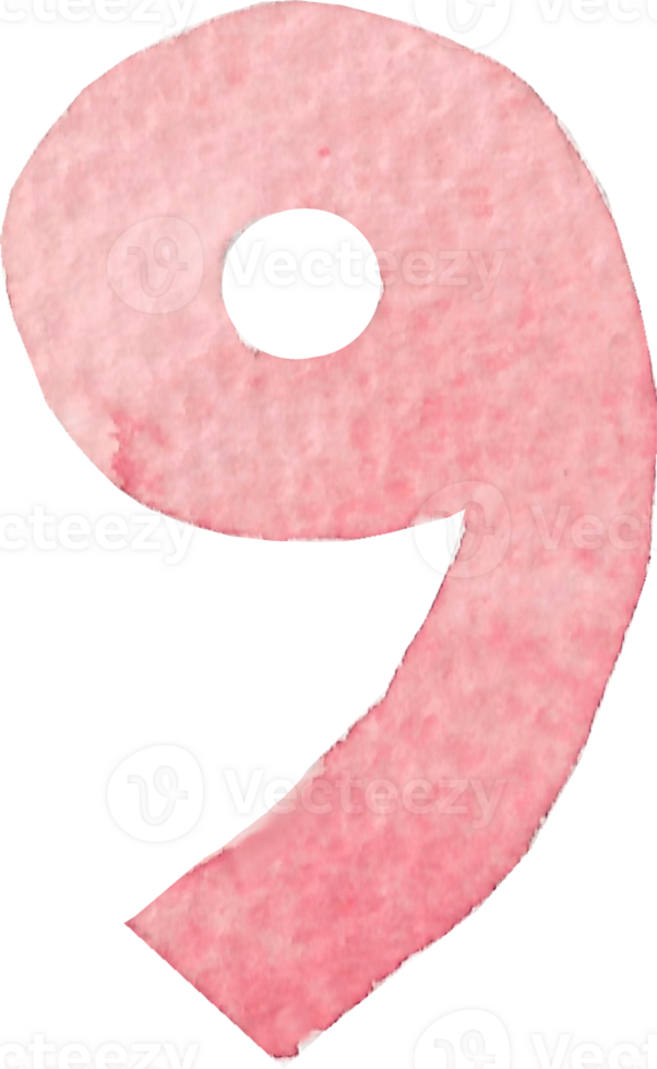 Numeric nine or number nine that is drawn and painted by hand in light red watercolor of fine art style png