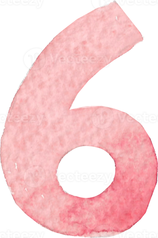 Numeric six or number six that is drawn and painted by hand in light red watercolor of fine art style png