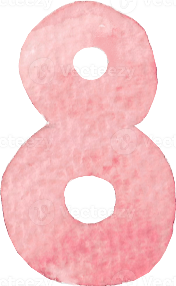 Numeric eight or number eight that is drawn and painted by hand in light red watercolor of fine art style png