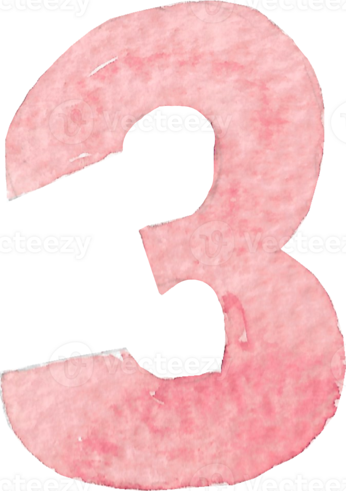 Numeric three or number three that is drawn and painted by hand in light red watercolor of fine art style png