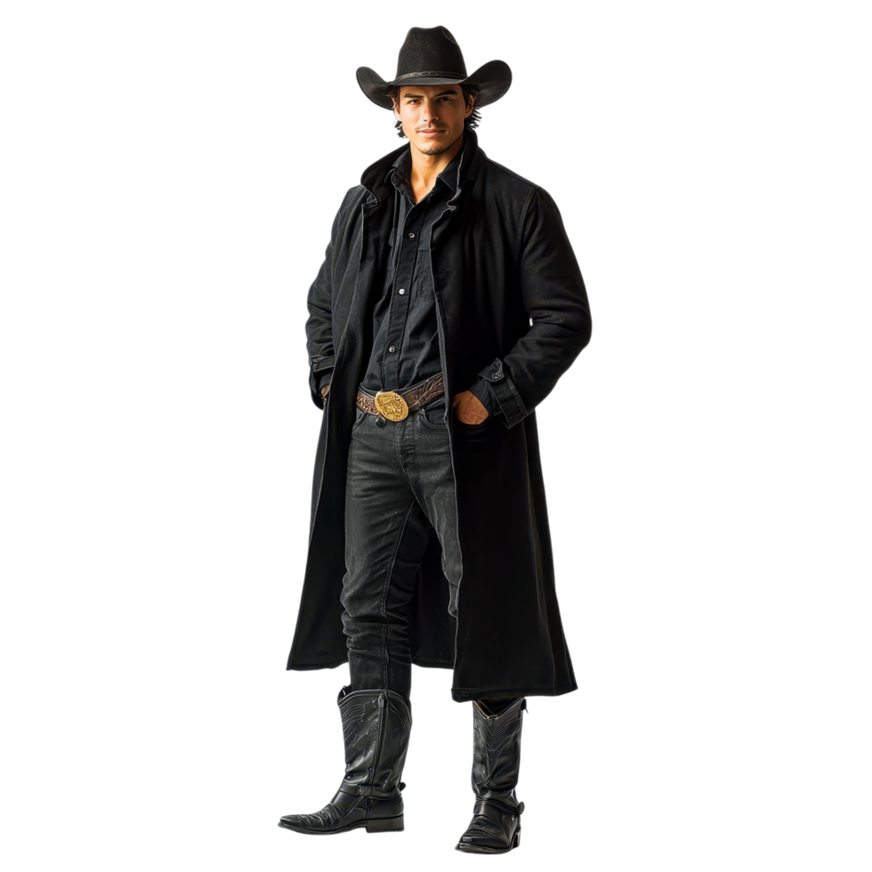 Mysterious cowboy in a black hat and long coat standing tall, isolated on transparent background png