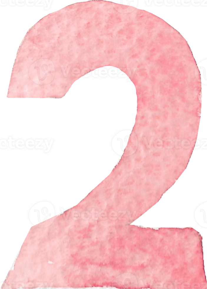 Numeric two or number two that is drawn and painted by hand in light red watercolor of fine art style png