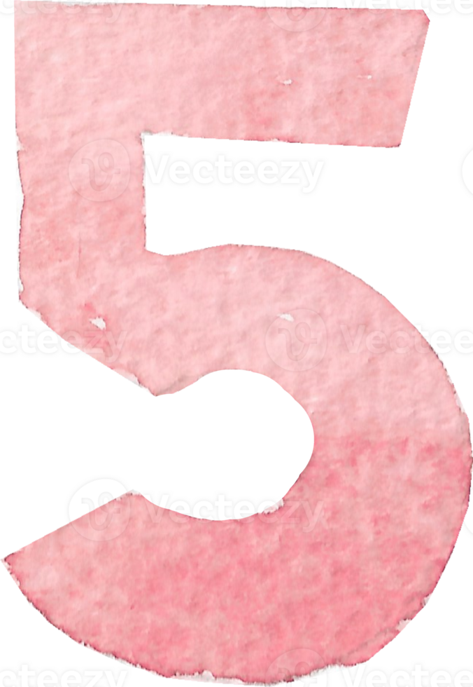 Numeric five or number five that is drawn and painted by hand in light red watercolor of fine art style png