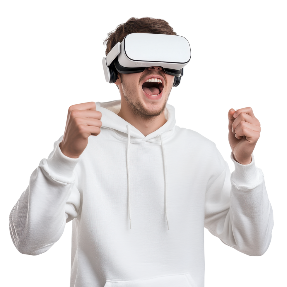 Excited young man in a white hoodie wearing VR glasses with raised fists, isolated on transparent background png