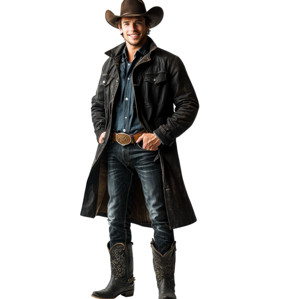 Confident cowboy in a long black coat with a serious stance, isolated on transparent background png