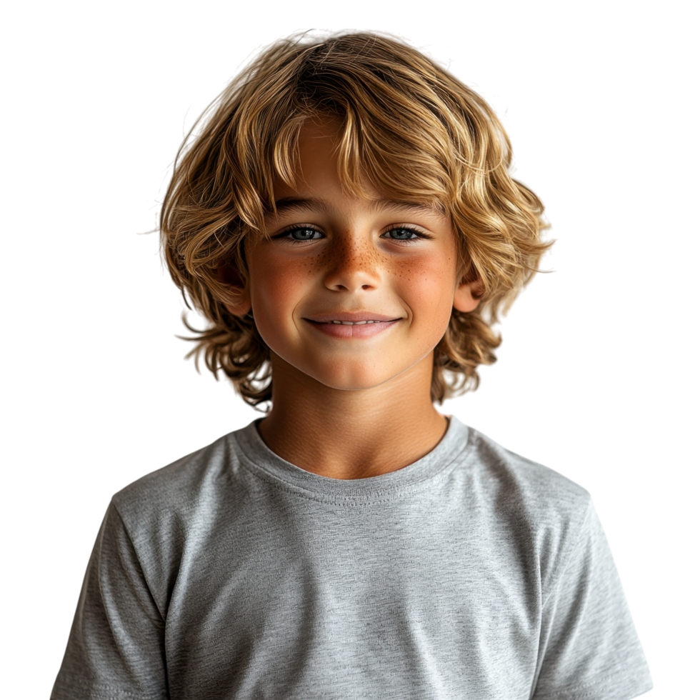 Happy child in a gray t-shirt with a warm smile, isolated on transparent background png