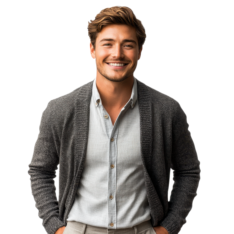 Confident young man in a dark gray blazer with a warm smile, isolated on transparent background png