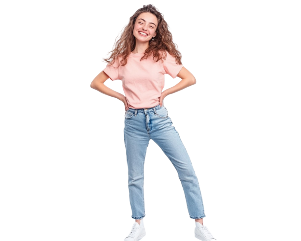 A beautiful woman in a pink T-shirt and jeans, smiling joyfully with one leg folded, wearing white shoes png