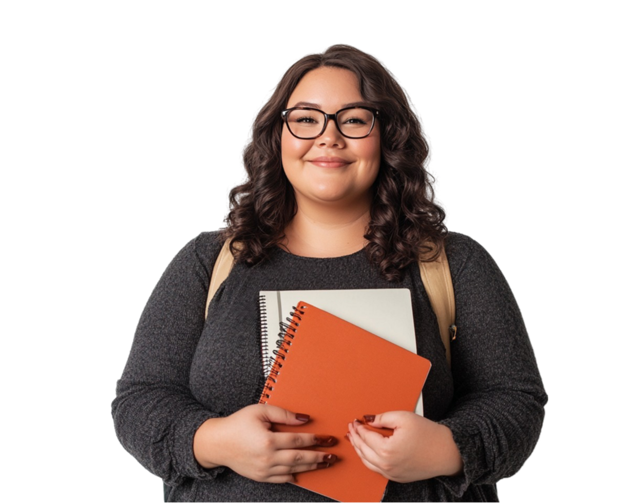 A positive plus-size woman student smiling and holding notebooks, looking confidently png