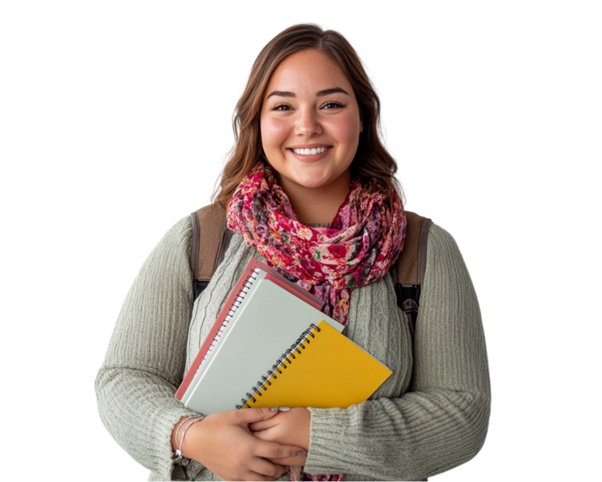 A positive plus-size woman student smiling and holding notebooks, looking confidently at the camera png