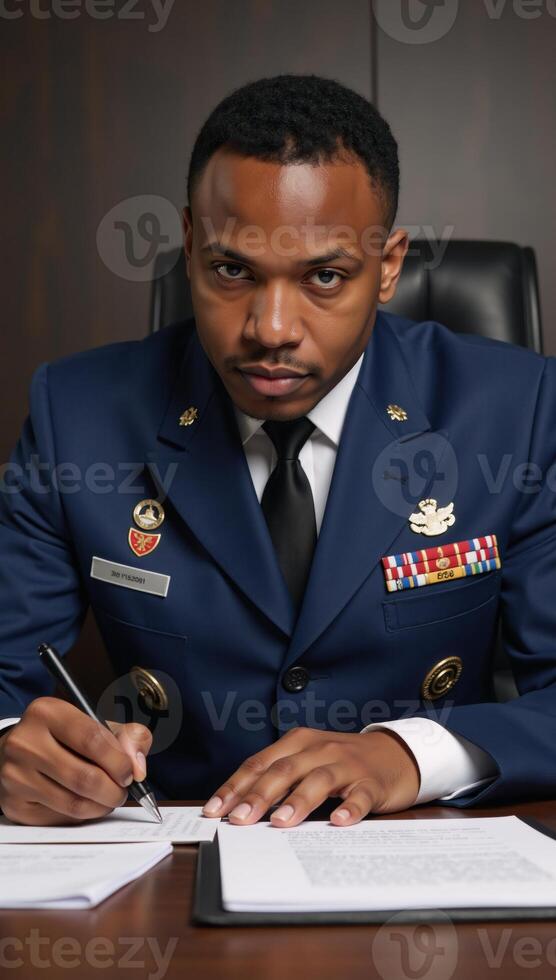 Smiling African American man in military attire is shown working at a table photo