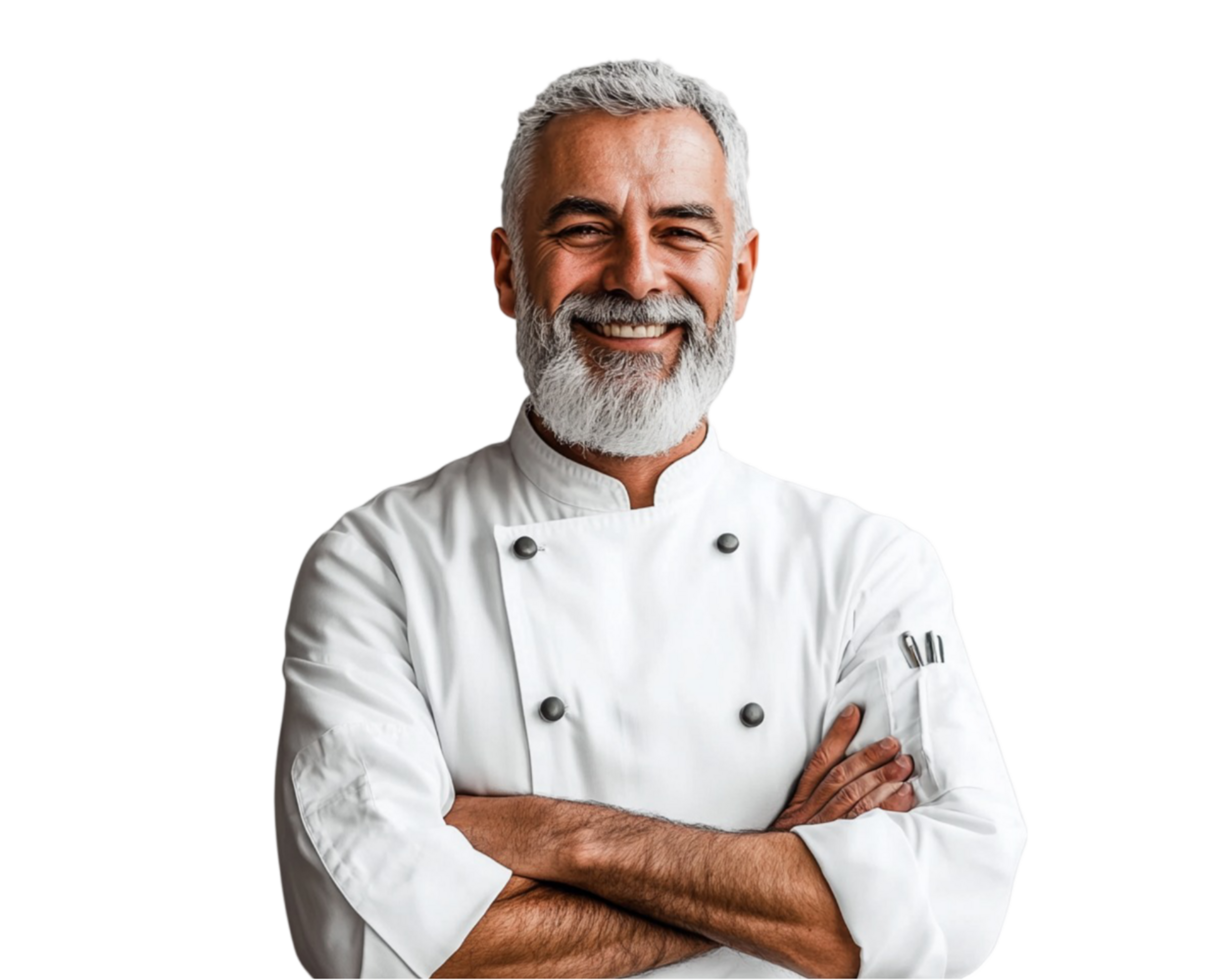 A smiling middle-aged European chef with a gray beard, wearing a white uniform, png
