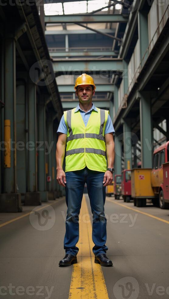 worker donning a yellow vest and hard hat is depicted inside an industrial building photo