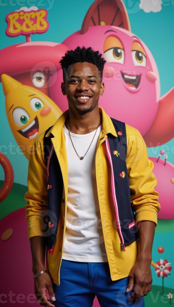 A colorful background with a handsome AfricanAmerican young boy as the subject in a generic cartoon movie style photo