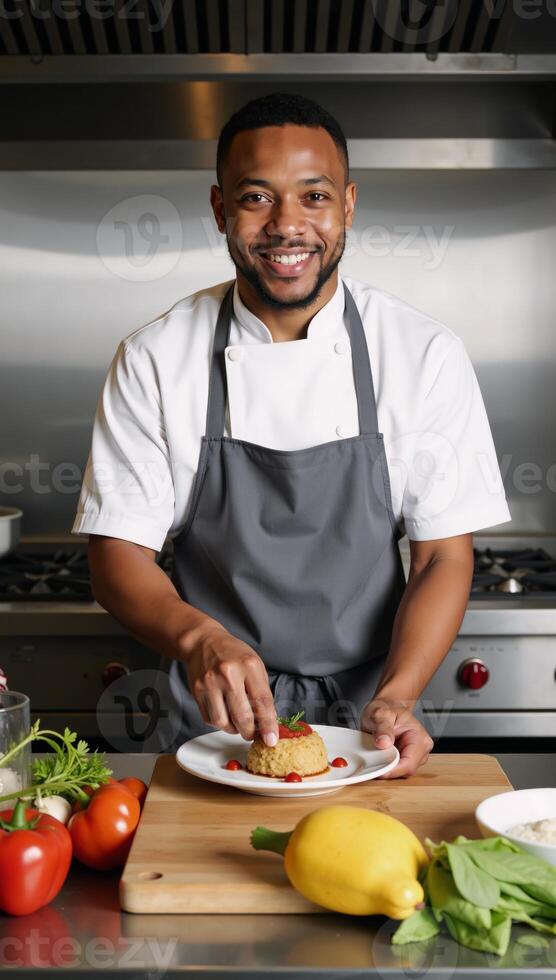 Modern kitchen captures cheerful portrait of a confident African American chef preparing gourmet meal surrounded by gleaming appliances photo