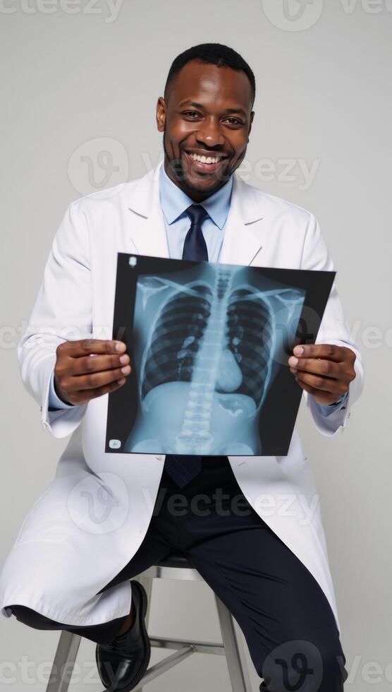 African American Doctor Holds XRay while Smiling Medical Portrait photo