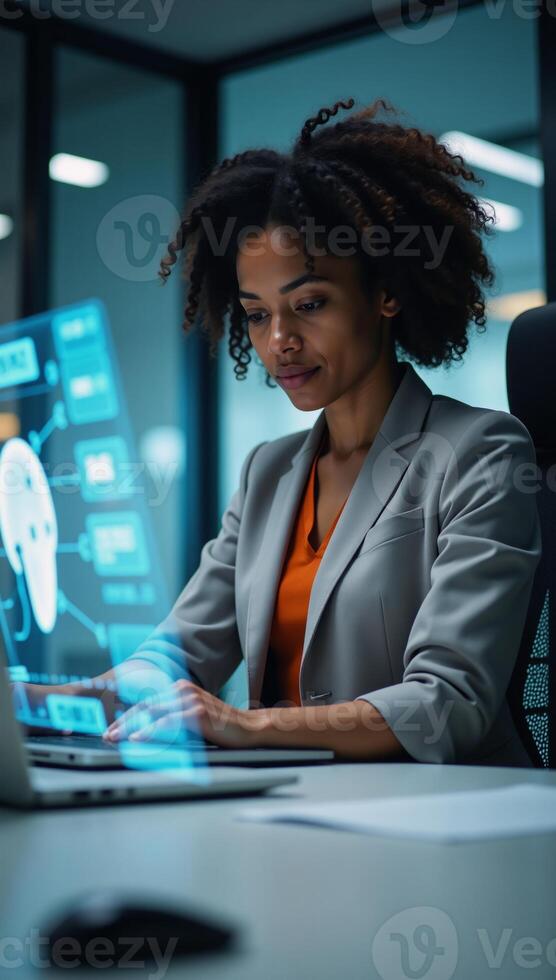 Female African American IT specialist analyzing cybersecurity threats using futuristic colorful holographic data in shades of blue and orange photo