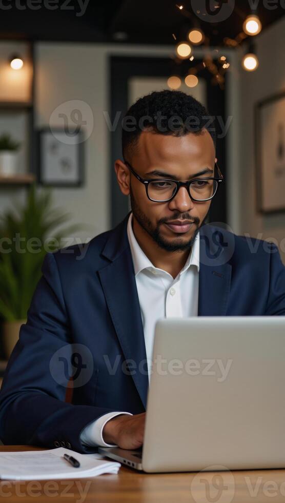 A stylish portrait of an AfricanAmerican businessman working on his laptop against an officecafe backdrop with a bokeh effect featuring sparkling lights photo
