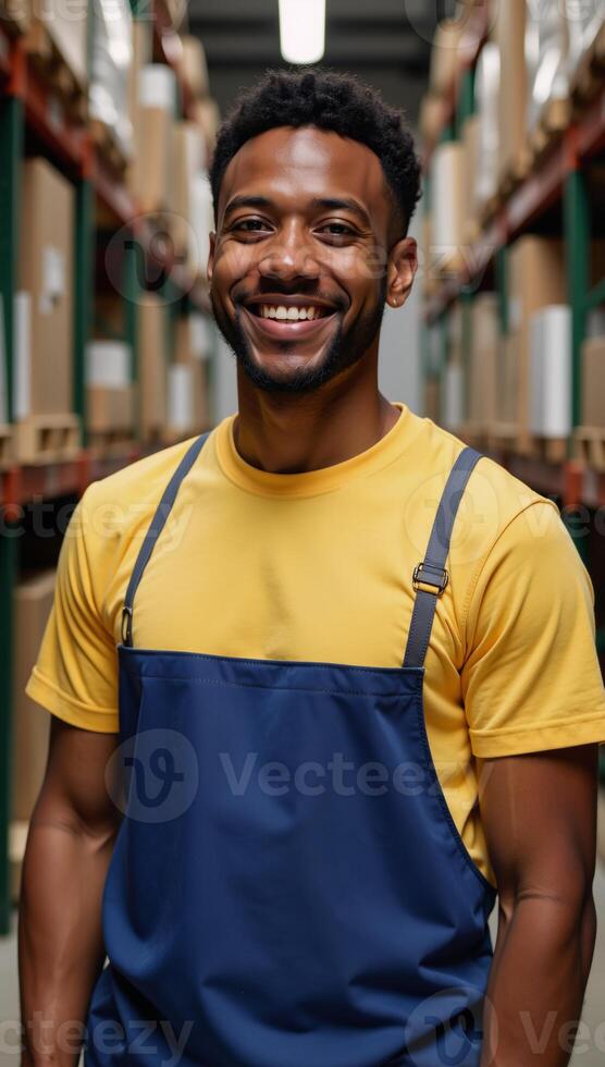 smiling AfricanAmerican warehouse worker wearing uniform gazes directly into camera photo