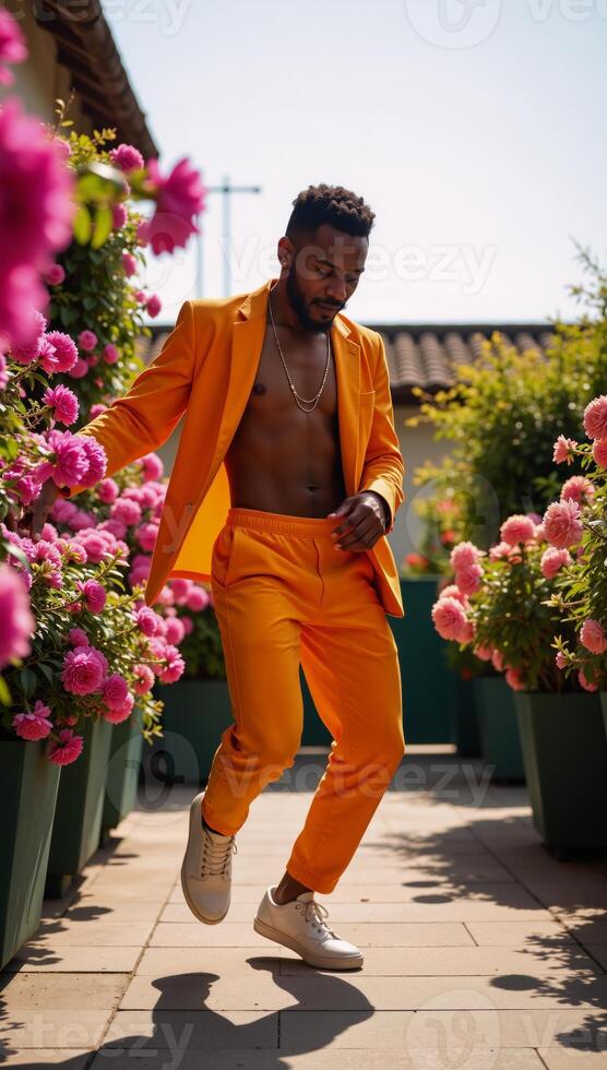 Colorful garden setting with a dancing trendy AfricanAmerican man wearing a vibrant outfit photo