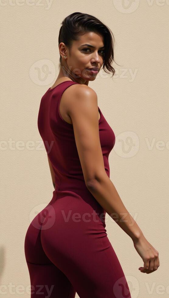 Fashion forward African American woman poses in a chic burgundy top against a natural backdrop photo