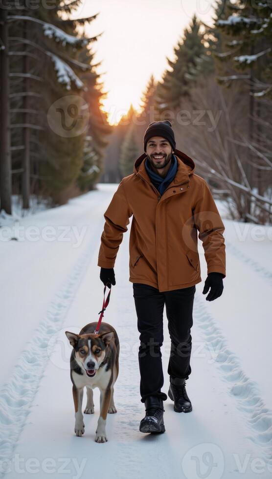 African American man and his dog walk through a snowy wintry forest at sunset amidst falling snow photo
