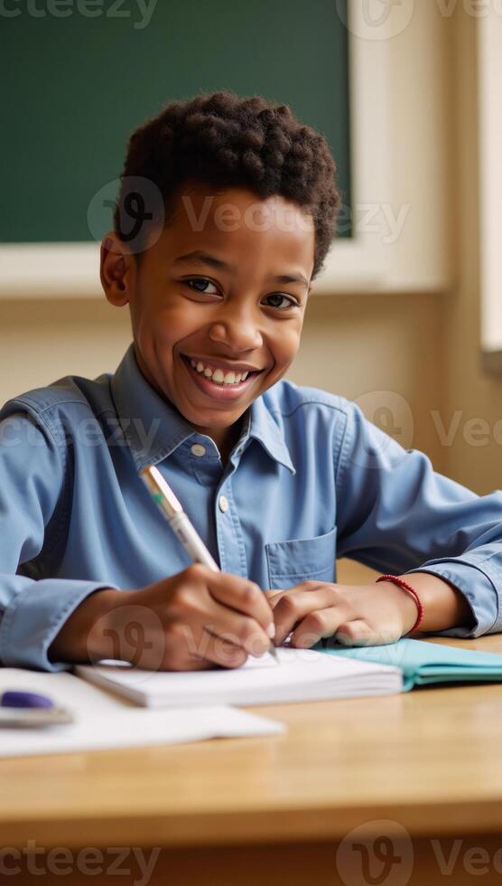 African American boy engrossed in homework with radiant smile under warm lighting photo