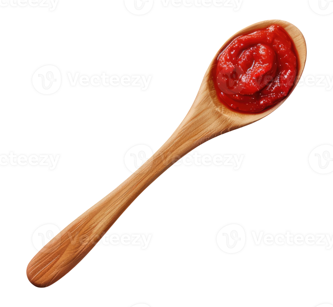 Wooden spoon with tomato paste, top view png