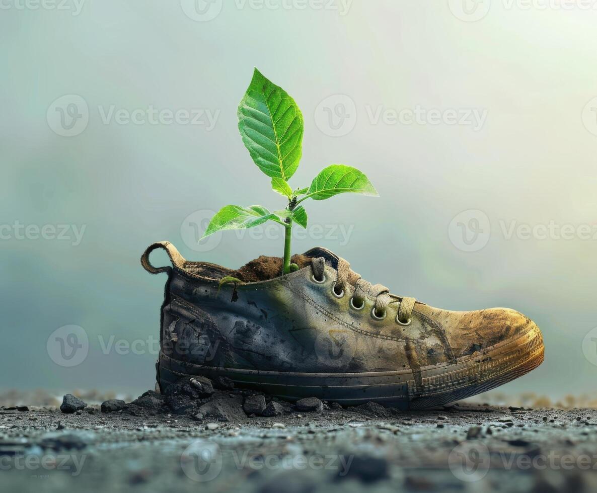 Single green sprout growing out of an old, worn sneaker, vibrant leaves. Concept for sustainability and renewal. photo