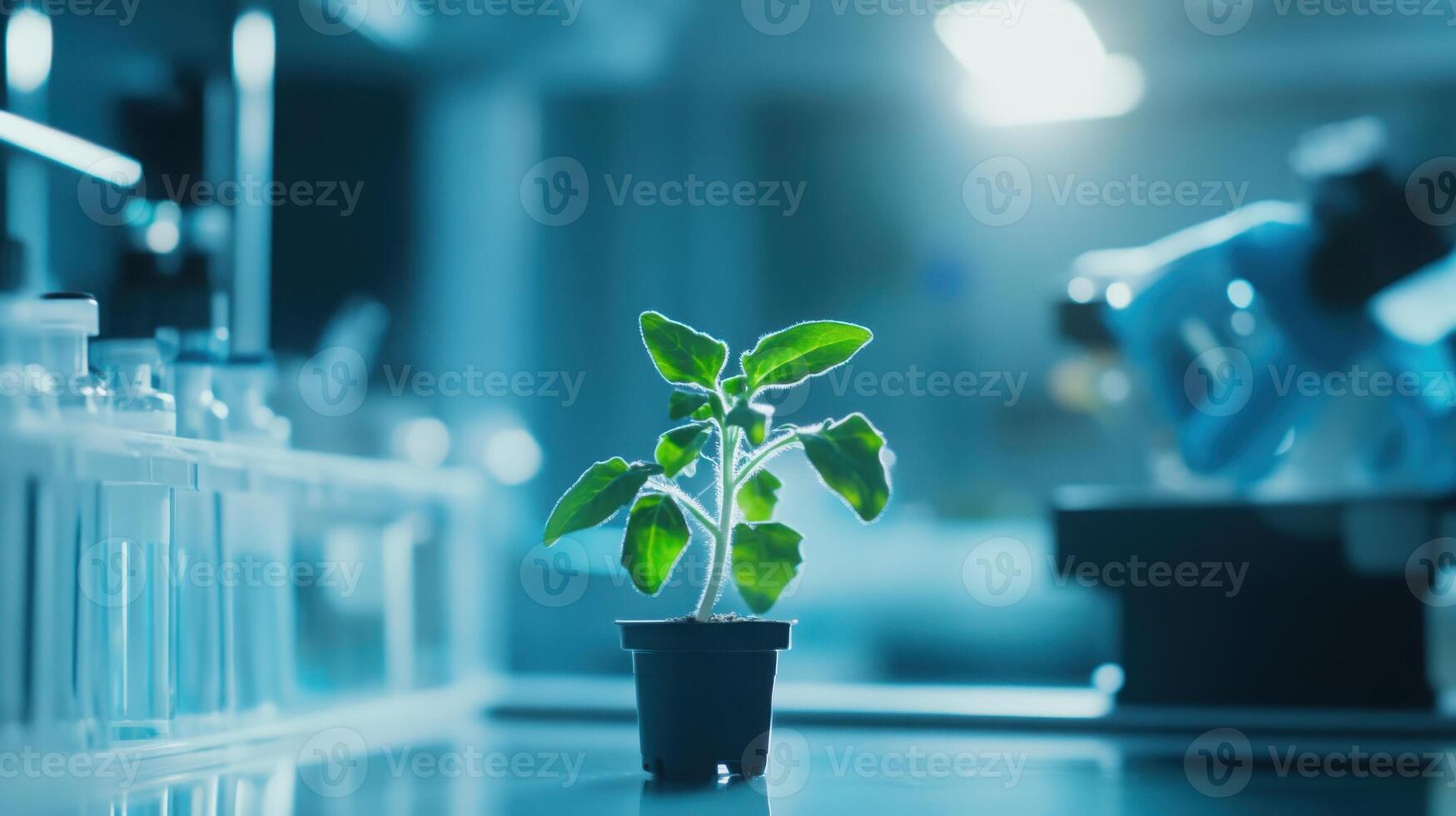 Close up of young plant sprout in a laboratory. The setting is characterized by its minimalistic design, emphasizing the focus on the research at hand. photo