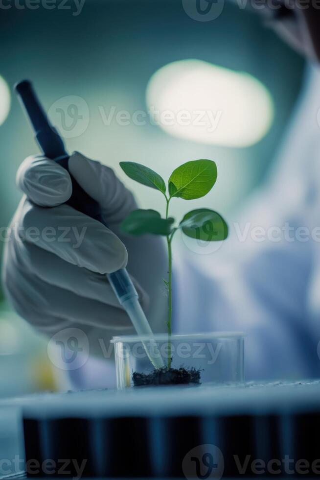 Close up of a scientist is meticulously examining a young plant sprout. The setting is characterized by its minimalistic design, emphasizing the focus on the research. photo