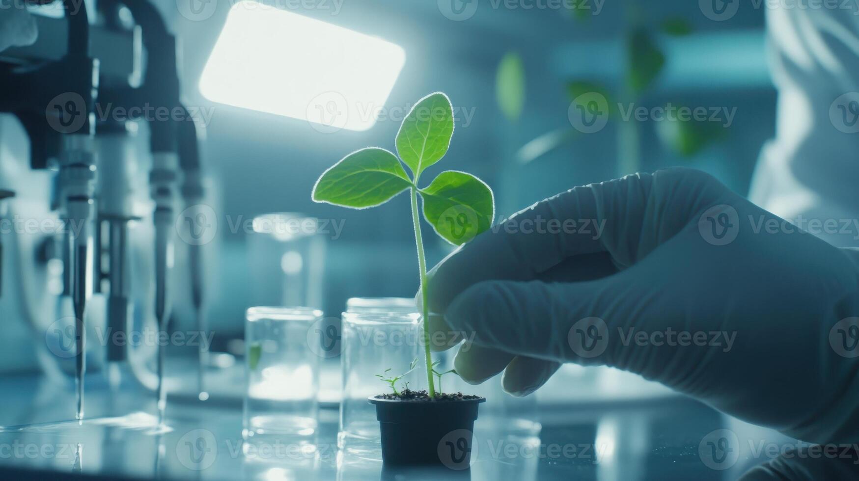Close up of a scientist is examining a young plant sprout. The setting is its minimalistic design, emphasizing the focus on the research. photo