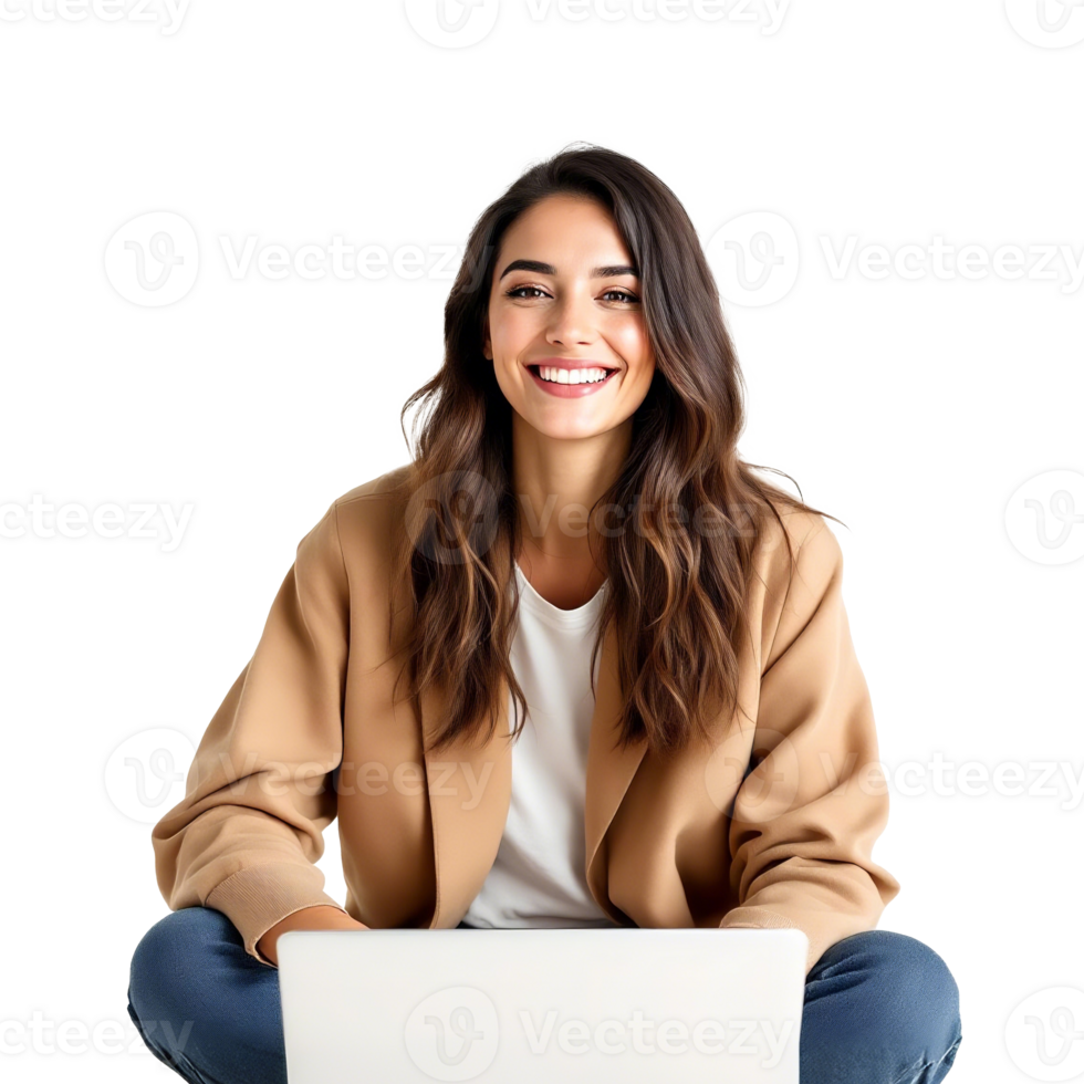 Smiling Woman Working On Laptop Happy And Focused Isolated On Transparent Background png