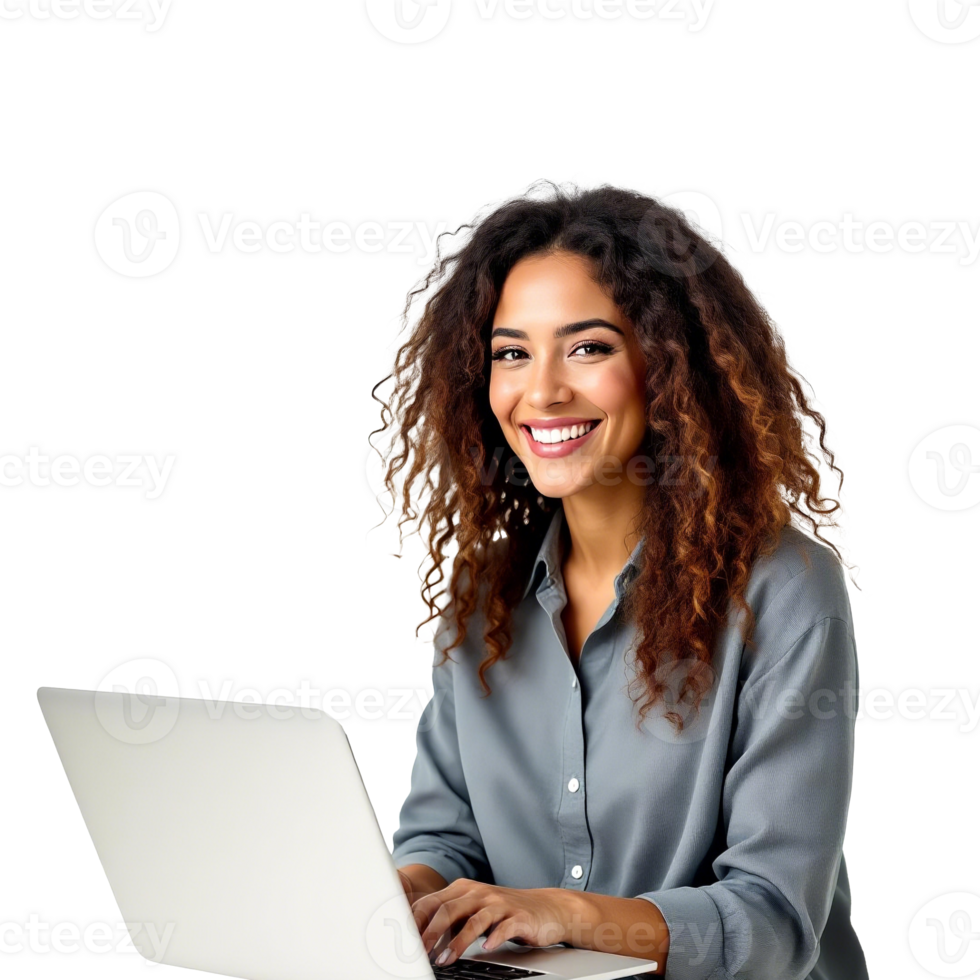Smiling Woman Working On A Laptop Perfect For Business Or Online Learning Isolated On Transparent Background png
