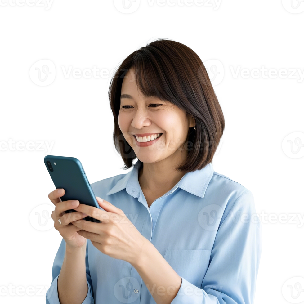 Happy Woman Using A Smartphone Isolated On Transparent Background png