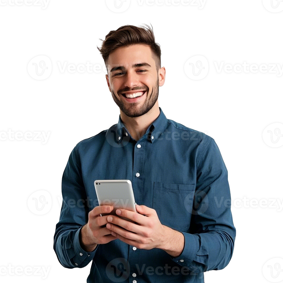 Happy Man Using Tablet Smiling And Engaging png