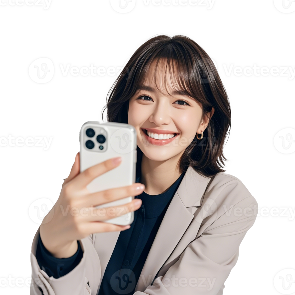 Happy Woman Taking Selfie With Smartphone Isolated On Transparent Background png