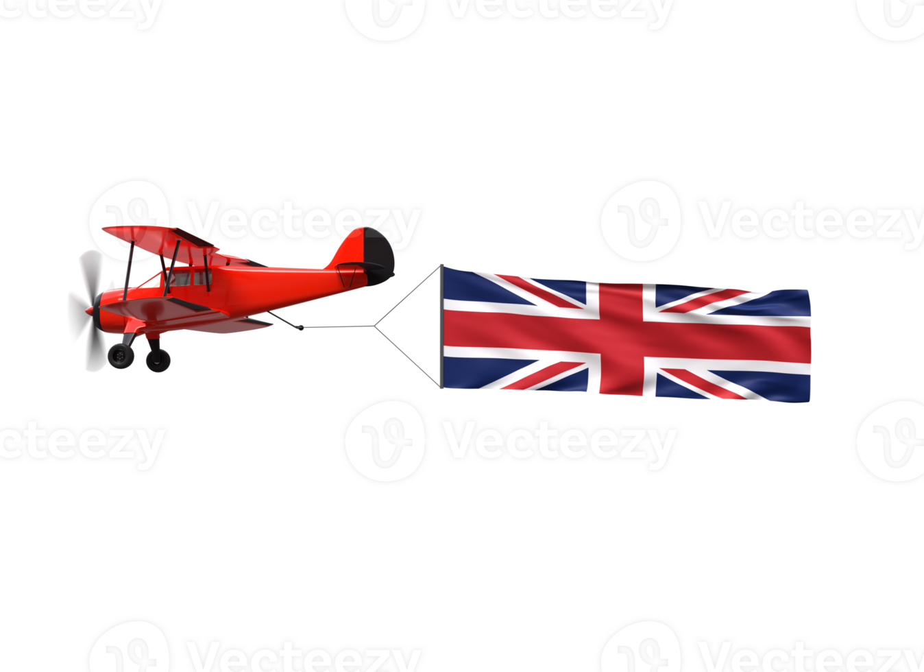 A red biplane with a british flag flying in the air png